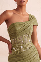 Laden Sie das Bild in den Galerie-Viewer, Olive Durchsichtiges Korsett Gerafftes Kurzes Abendkleid mit einer Schulter und Schnürung