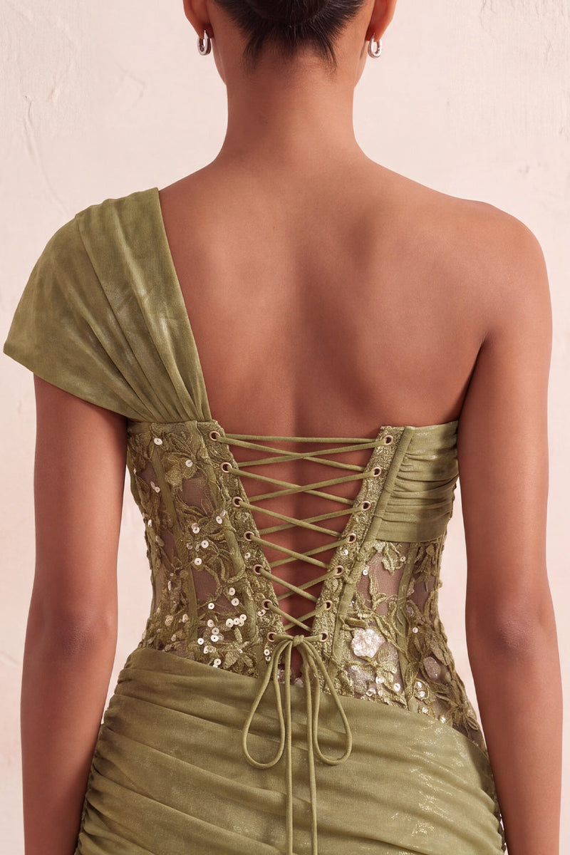 Laden Sie das Bild in den Galerie-Viewer, Olive Durchsichtiges Korsett Gerafftes Kurzes Abendkleid mit einer Schulter und Schnürung