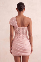Laden Sie das Bild in den Galerie-Viewer, Olive Durchsichtiges Korsett Gerafftes Kurzes Abendkleid mit einer Schulter und Schnürung