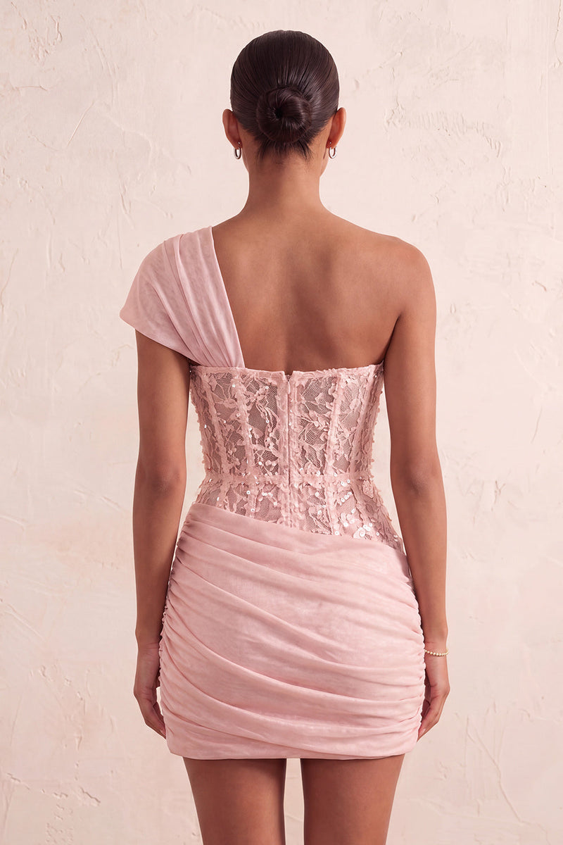 Laden Sie das Bild in den Galerie-Viewer, Olive Durchsichtiges Korsett Gerafftes Kurzes Abendkleid mit einer Schulter und Schnürung