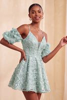 Laden Sie das Bild in den Galerie-Viewer, Olive A-Linie Pailletten Kurzes Abendkleid mit Schnürung
