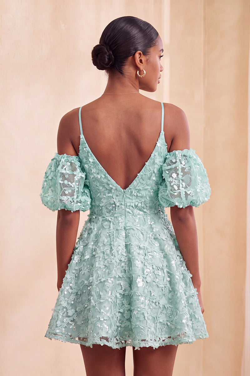 Laden Sie das Bild in den Galerie-Viewer, Olive A-Linie Pailletten Kurzes Abendkleid mit Schnürung