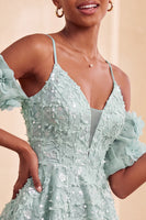 Laden Sie das Bild in den Galerie-Viewer, Olive A-Linie Pailletten Kurzes Abendkleid mit Schnürung