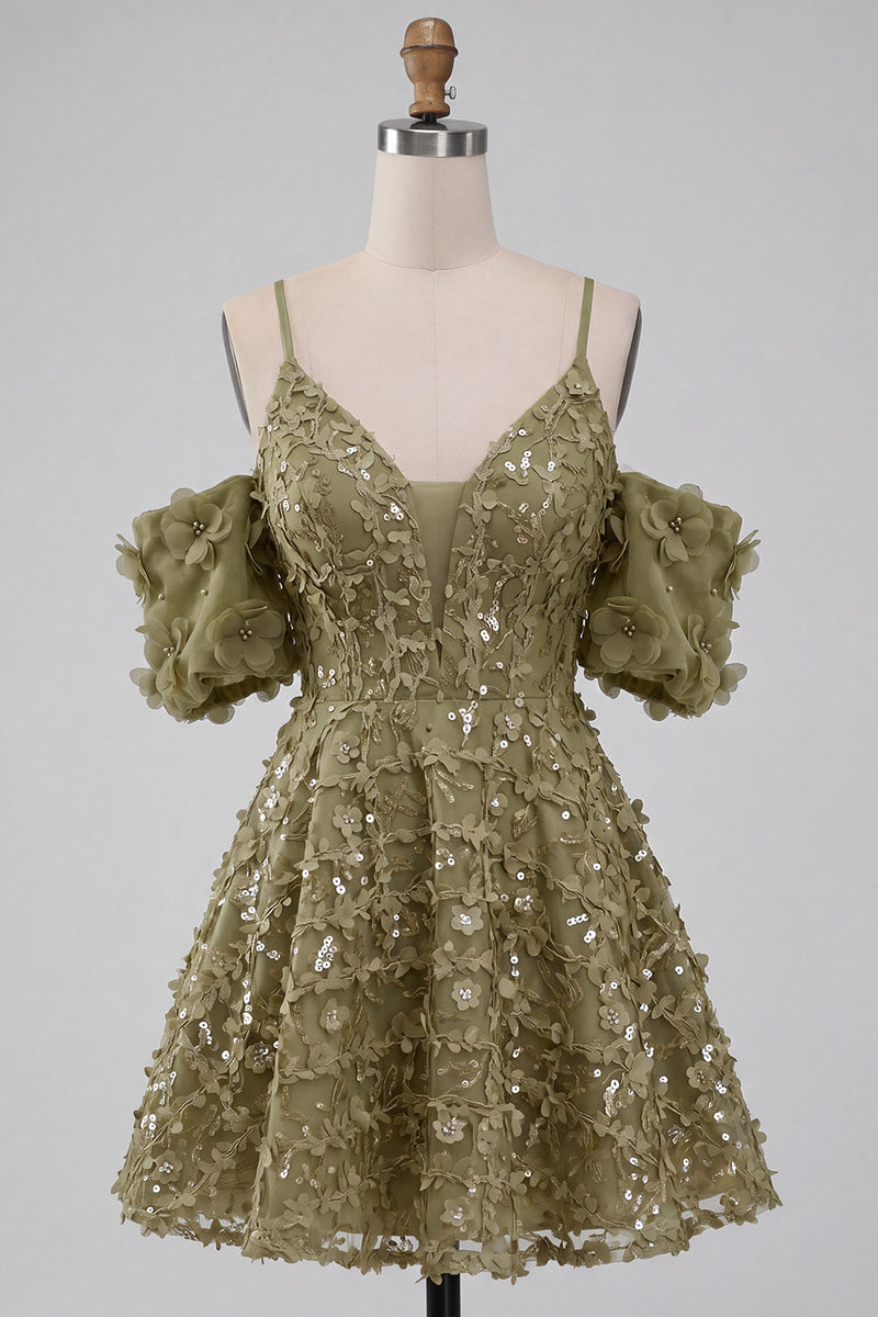 Laden Sie das Bild in den Galerie-Viewer, Olive A-Linie Pailletten Kurzes Abendkleid mit Schnürung