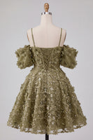 Laden Sie das Bild in den Galerie-Viewer, Olive A-Linie Pailletten Kurzes Abendkleid mit Schnürung