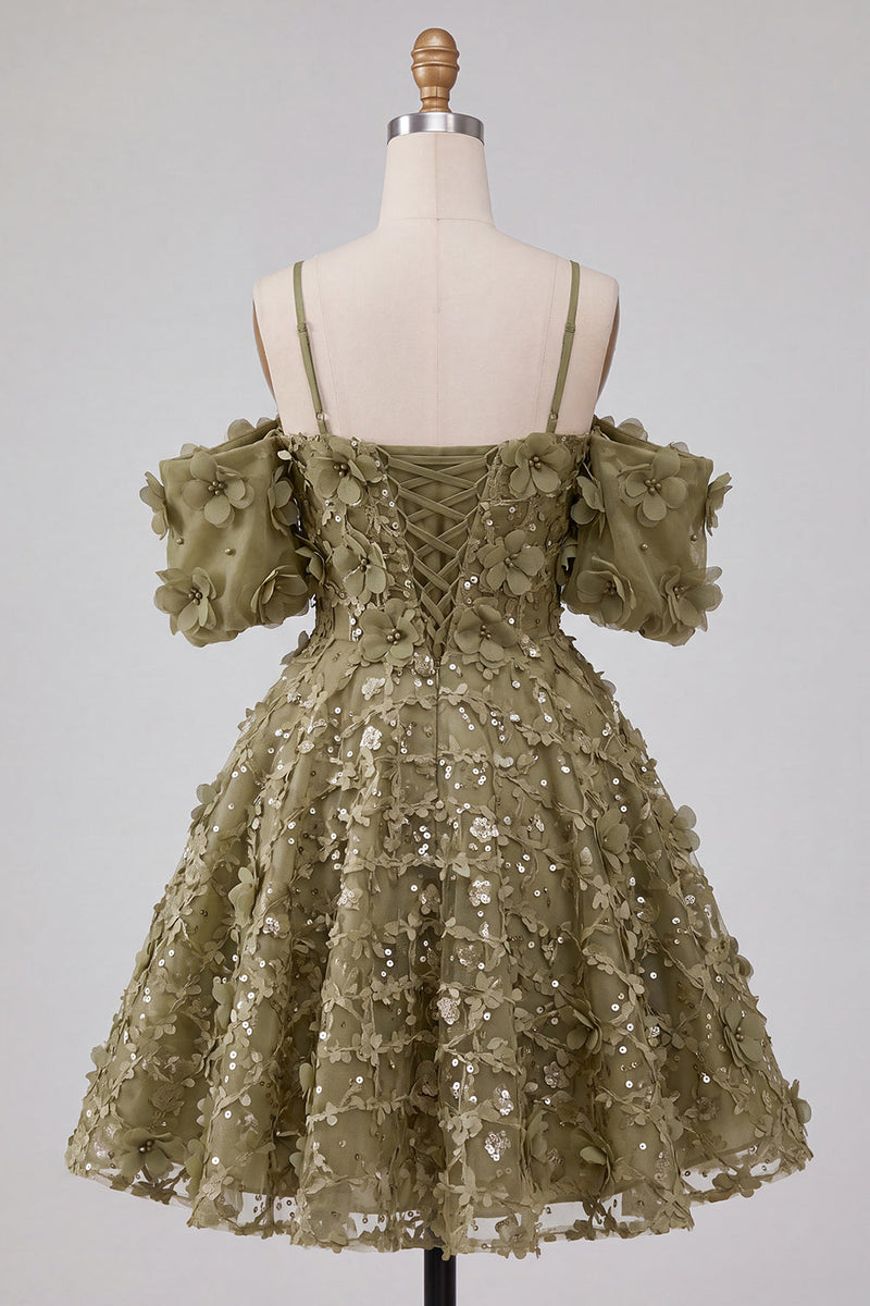 Laden Sie das Bild in den Galerie-Viewer, Olive A-Linie Pailletten Kurzes Abendkleid mit Schnürung