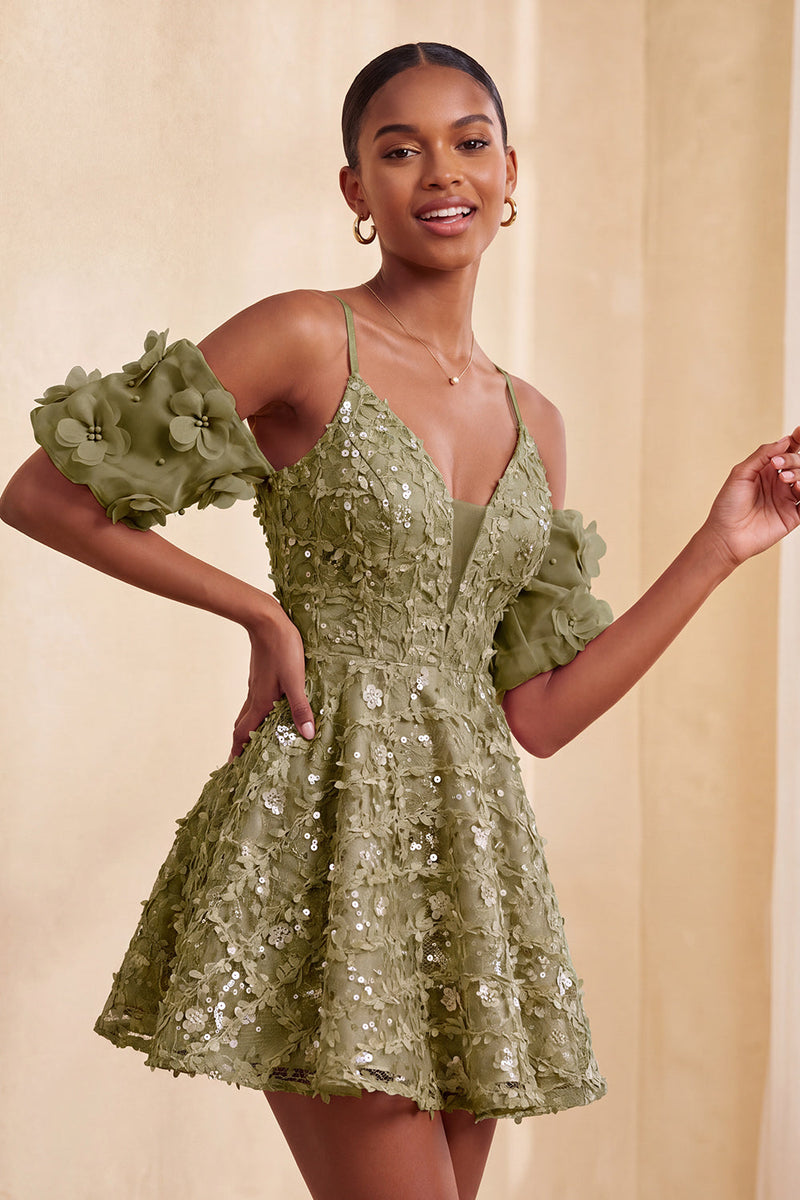 Laden Sie das Bild in den Galerie-Viewer, Olive A-Linie Pailletten Kurzes Abendkleid mit Schnürung