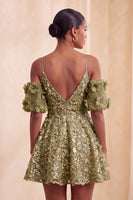 Laden Sie das Bild in den Galerie-Viewer, Olive A-Linie Pailletten Kurzes Abendkleid mit Schnürung