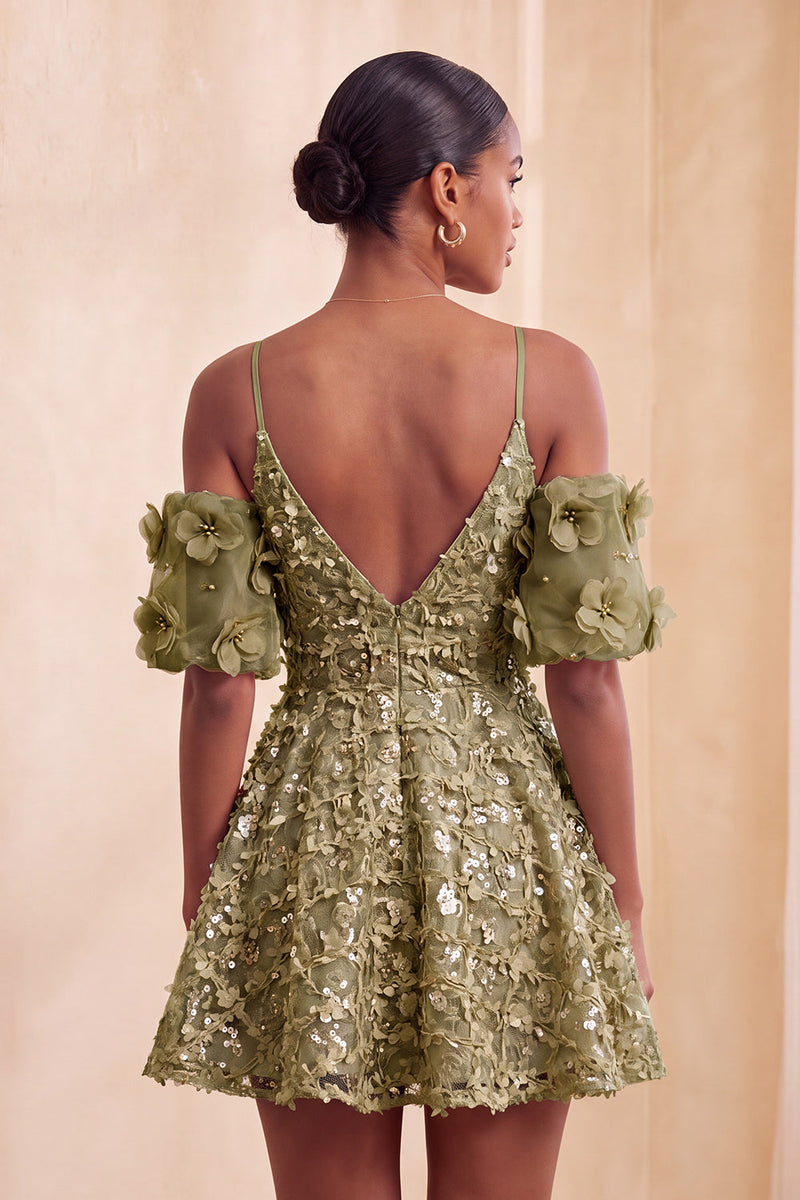 Laden Sie das Bild in den Galerie-Viewer, Olive A-Linie Pailletten Kurzes Abendkleid mit Schnürung