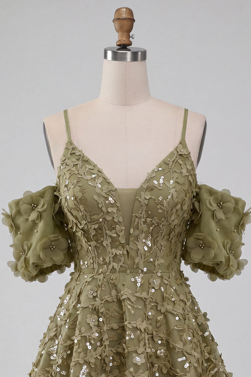 Laden Sie das Bild in den Galerie-Viewer, Olive A-Linie Pailletten Kurzes Abendkleid mit Schnürung