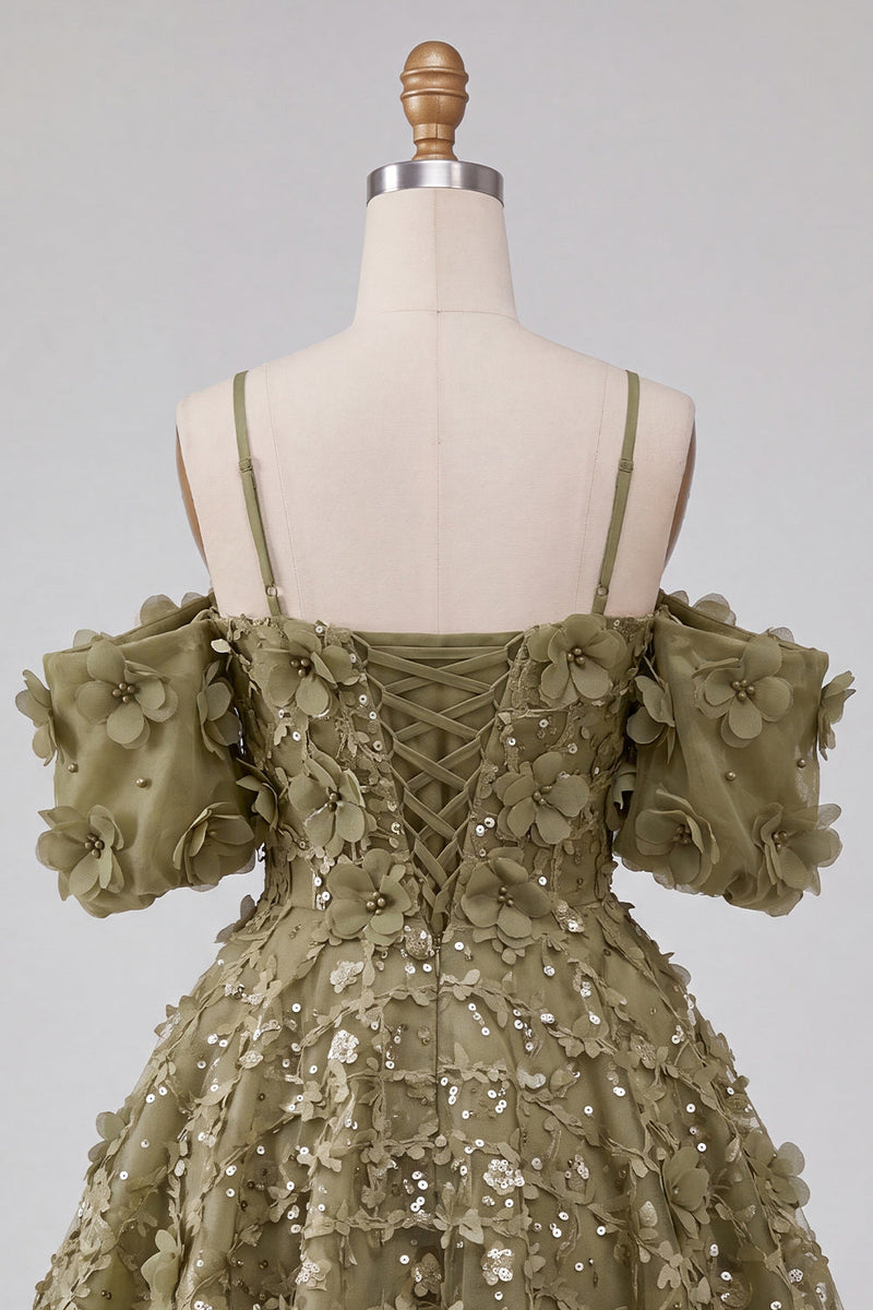 Laden Sie das Bild in den Galerie-Viewer, Olive A-Linie Pailletten Kurzes Abendkleid mit Schnürung