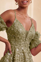 Laden Sie das Bild in den Galerie-Viewer, Olive A-Linie Pailletten Kurzes Abendkleid mit Schnürung