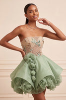 Laden Sie das Bild in den Galerie-Viewer, Staubiges Salbei Trägerloses A-Linie Korsett mit Schnürung hinten Pailletten Kurzes Abendkleid mit 3D-Blumen