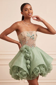 Staubiges Salbei Trägerloses A-Linie Korsett mit Schnürung hinten Pailletten Kurzes Abendkleid mit 3D-Blumen