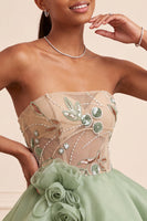 Laden Sie das Bild in den Galerie-Viewer, Staubiges Salbei Trägerloses A-Linie Korsett mit Schnürung hinten Pailletten Kurzes Abendkleid mit 3D-Blumen