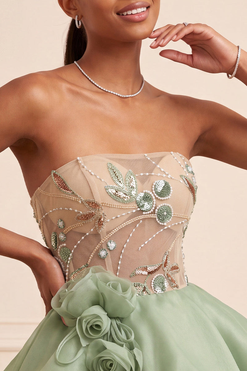 Laden Sie das Bild in den Galerie-Viewer, Staubiges Salbei Trägerloses A-Linie Korsett mit Schnürung hinten Pailletten Kurzes Abendkleid mit 3D-Blumen