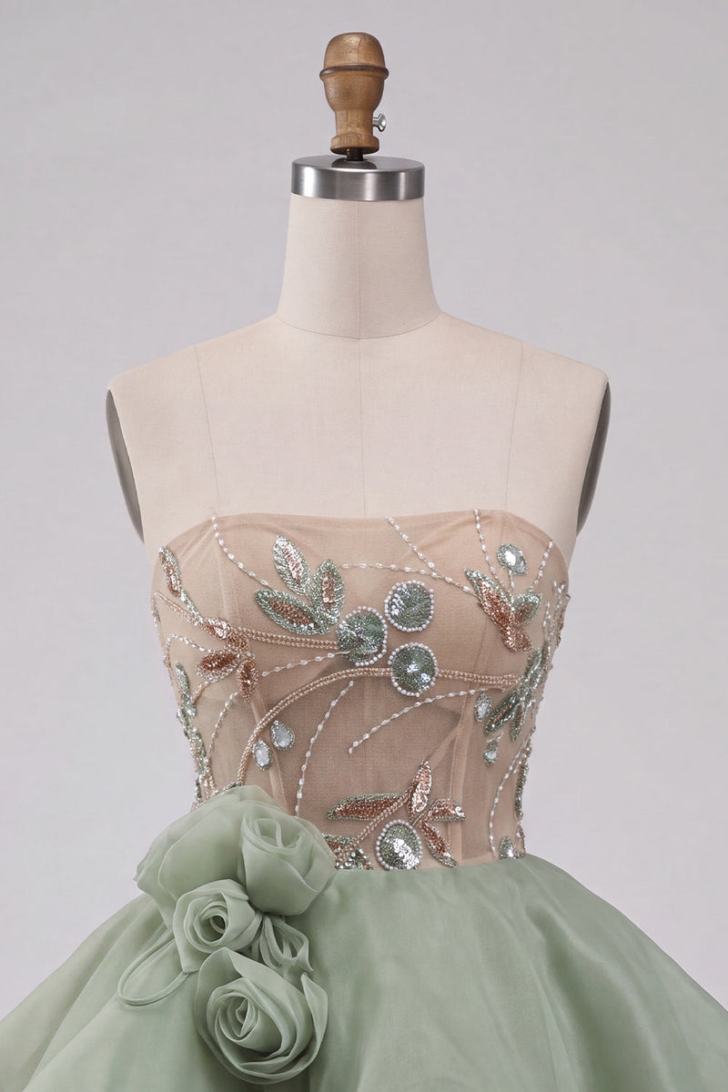 Laden Sie das Bild in den Galerie-Viewer, Staubiges Salbei Trägerloses A-Linie Korsett mit Schnürung hinten Pailletten Kurzes Abendkleid mit 3D-Blumen