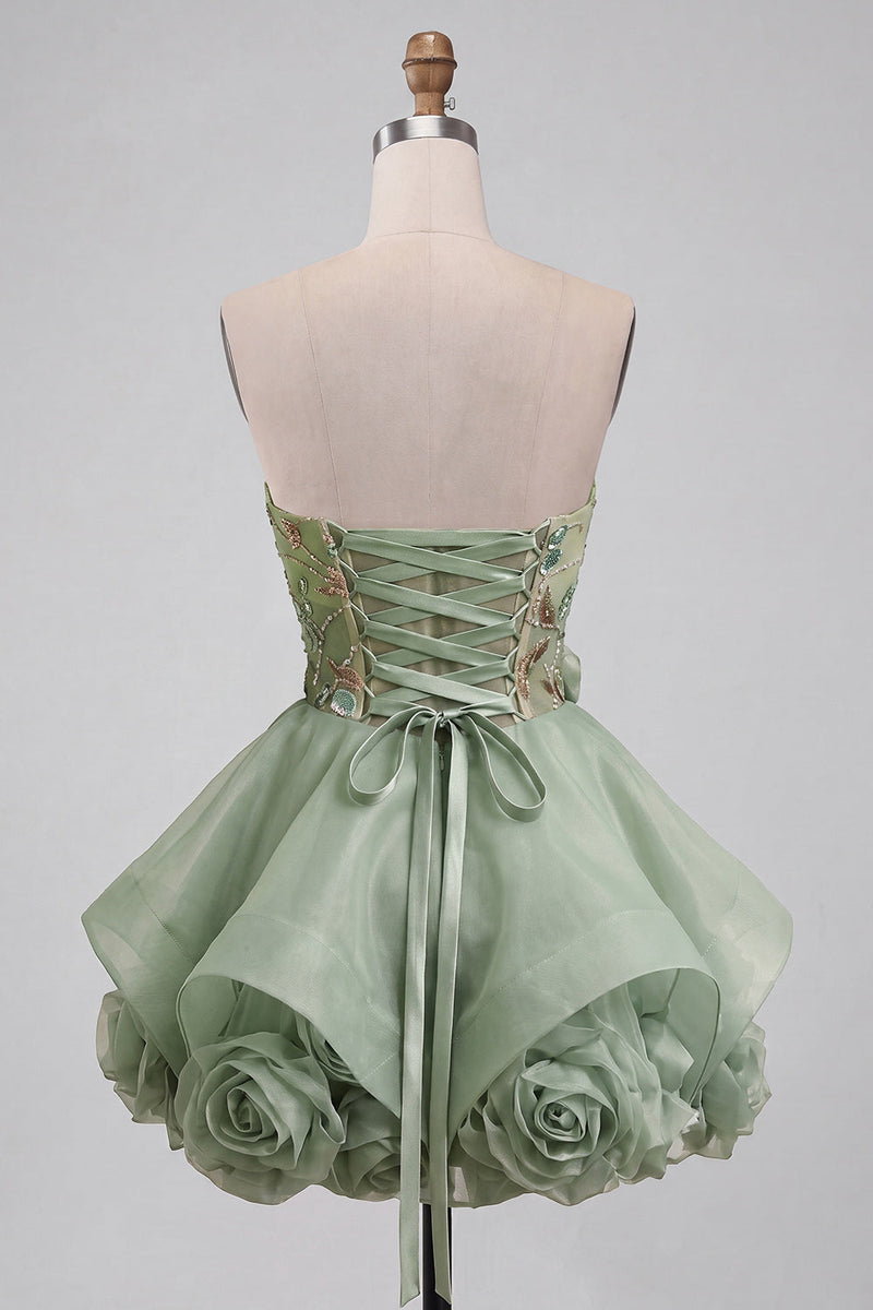 Laden Sie das Bild in den Galerie-Viewer, Staubiges Salbei Trägerloses A-Linie Korsett mit Schnürung hinten Pailletten Kurzes Abendkleid mit 3D-Blumen