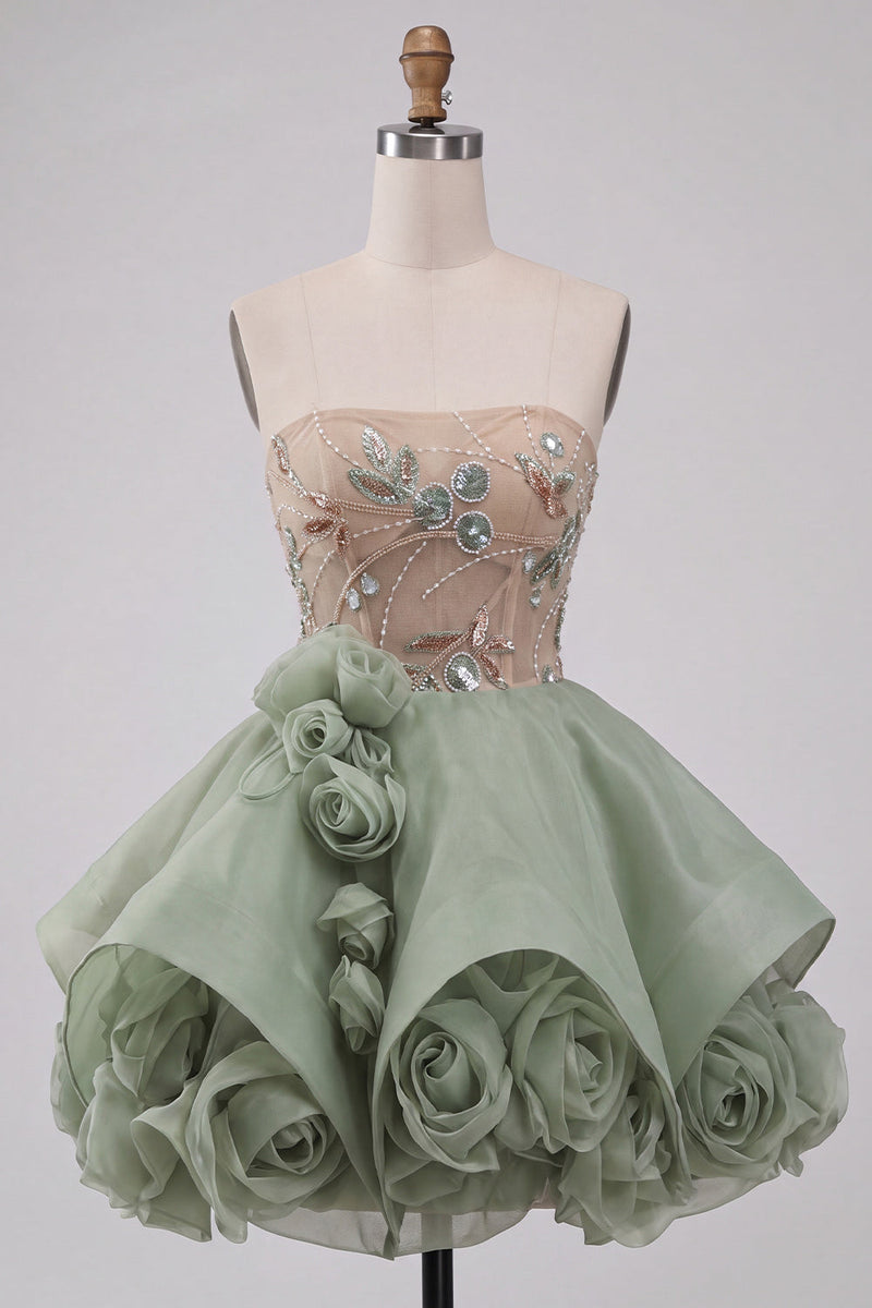 Laden Sie das Bild in den Galerie-Viewer, Staubiges Salbei Trägerloses A-Linie Korsett mit Schnürung hinten Pailletten Kurzes Abendkleid mit 3D-Blumen