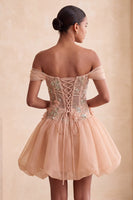 Laden Sie das Bild in den Galerie-Viewer, A-Linie Rosa Korsett Kurzes Abendkleid mit Schnürung hinten
