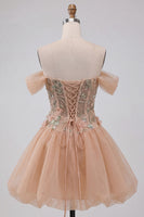 Laden Sie das Bild in den Galerie-Viewer, A-Linie Rosa Korsett Kurzes Abendkleid mit Schnürung hinten