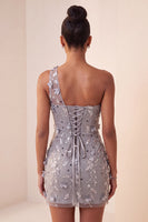 Laden Sie das Bild in den Galerie-Viewer, Einschulter Graues Bodycon Schnürung Pailletten Kurzes Abendkleid mit 3D-Blumen