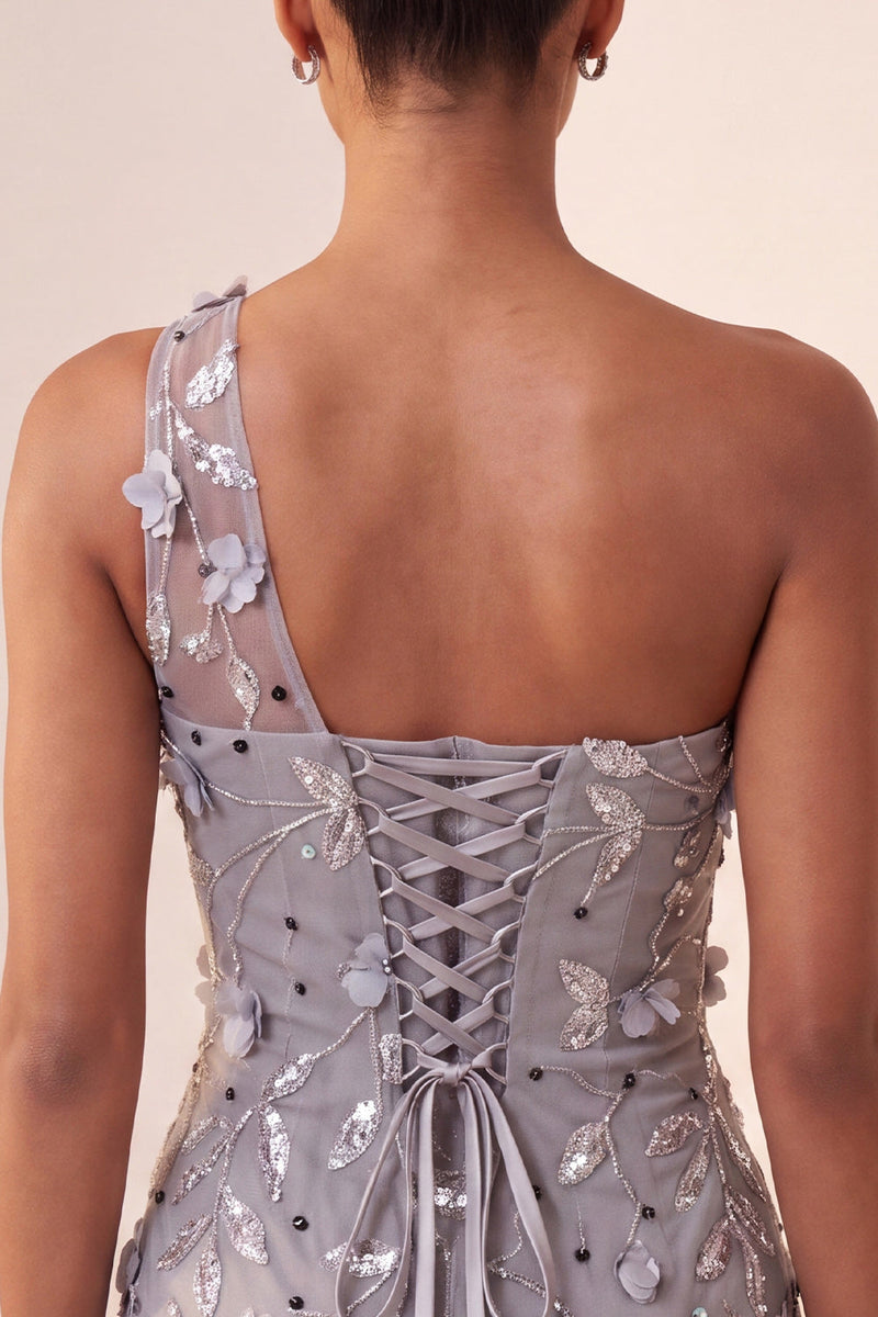 Laden Sie das Bild in den Galerie-Viewer, Einschulter Graues Bodycon Schnürung Pailletten Kurzes Abendkleid mit 3D-Blumen