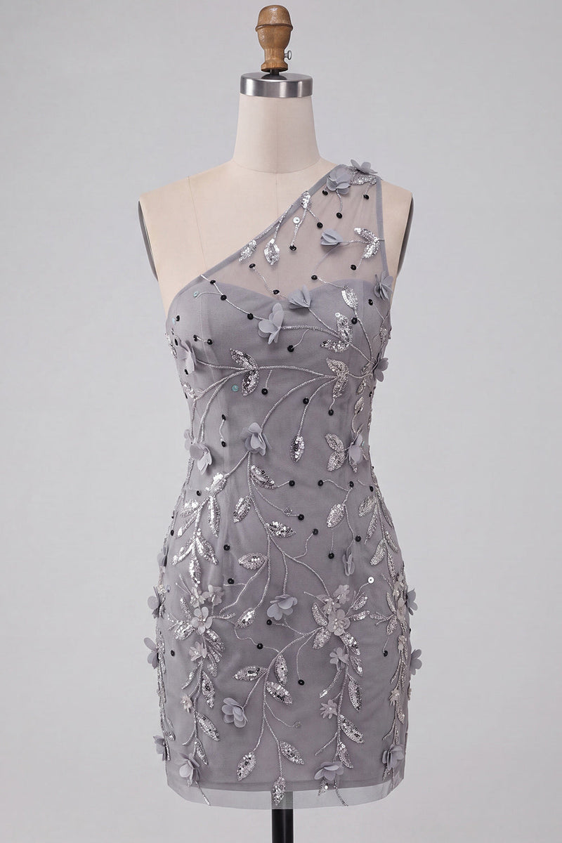 Laden Sie das Bild in den Galerie-Viewer, Einschulter Graues Bodycon Schnürung Pailletten Kurzes Abendkleid mit 3D-Blumen