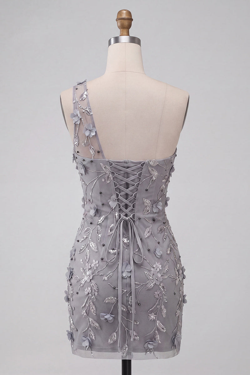 Laden Sie das Bild in den Galerie-Viewer, Einschulter Graues Bodycon Schnürung Pailletten Kurzes Abendkleid mit 3D-Blumen