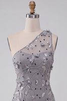 Laden Sie das Bild in den Galerie-Viewer, Einschulter Graues Bodycon Schnürung Pailletten Kurzes Abendkleid mit 3D-Blumen