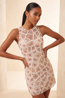 Laden Sie das Bild in den Galerie-Viewer, Blush Bodycon Rundhals Kurzes Abendkleid mit Perlen