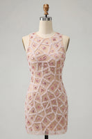 Laden Sie das Bild in den Galerie-Viewer, Blush Bodycon Rundhals Kurzes Abendkleid mit Perlen