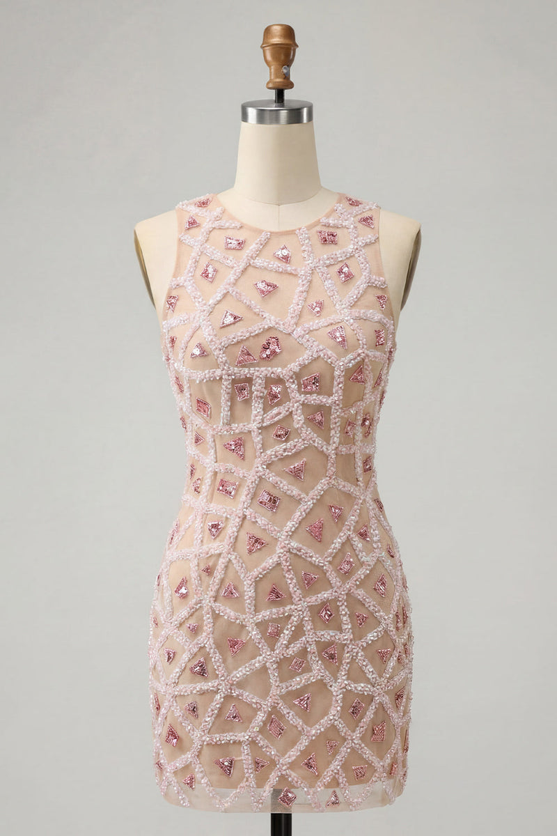 Laden Sie das Bild in den Galerie-Viewer, Blush Bodycon Rundhals Kurzes Abendkleid mit Perlen