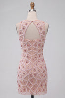 Laden Sie das Bild in den Galerie-Viewer, Blush Bodycon Rundhals Kurzes Abendkleid mit Perlen