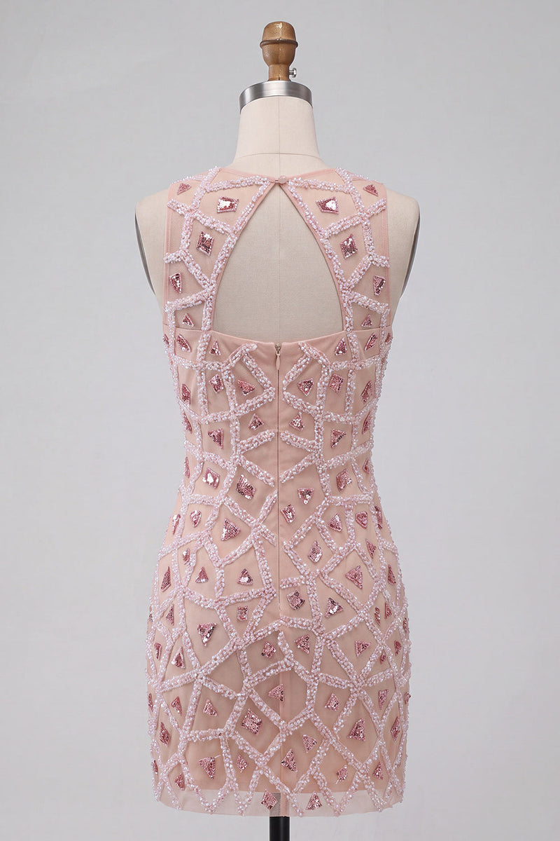 Laden Sie das Bild in den Galerie-Viewer, Blush Bodycon Rundhals Kurzes Abendkleid mit Perlen
