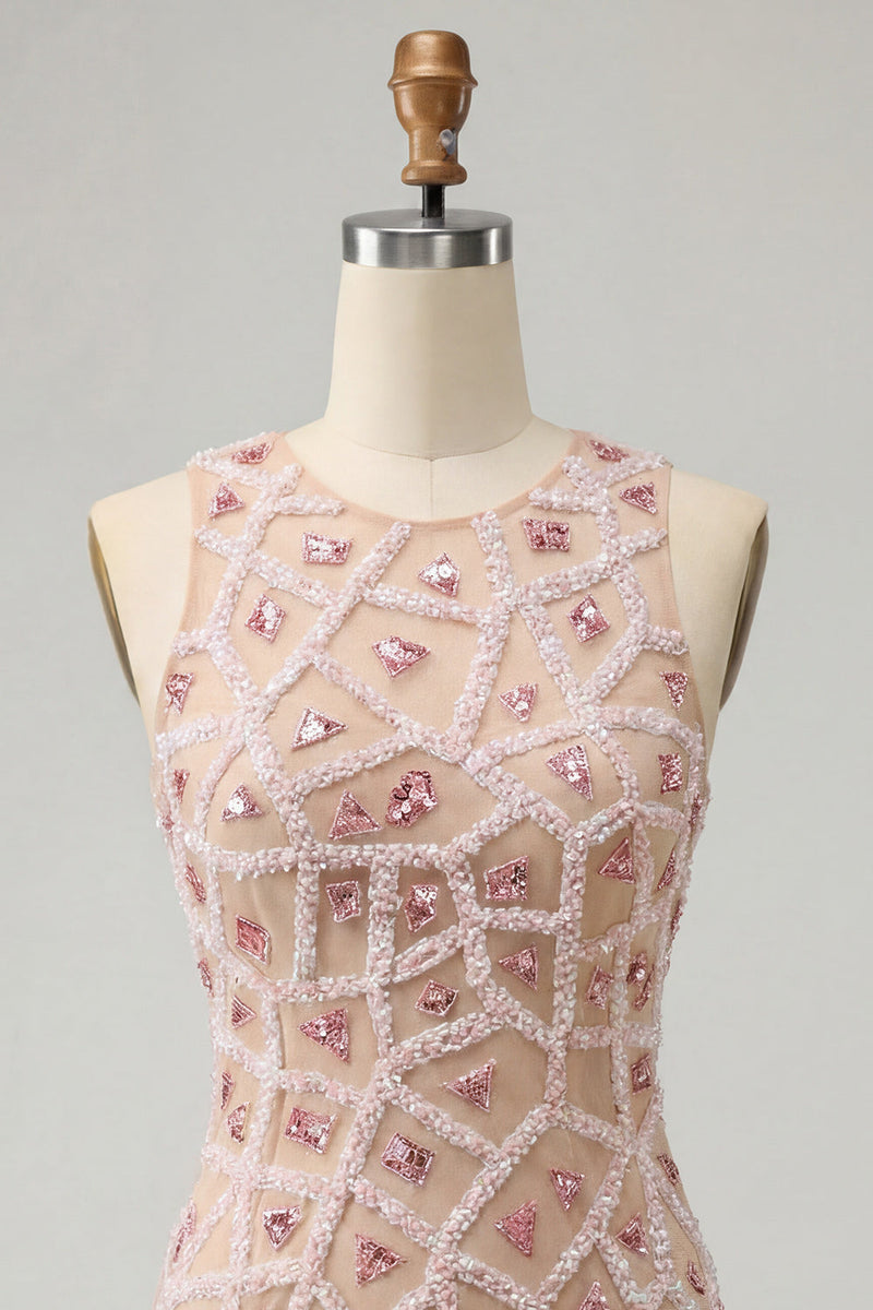 Laden Sie das Bild in den Galerie-Viewer, Blush Bodycon Rundhals Kurzes Abendkleid mit Perlen
