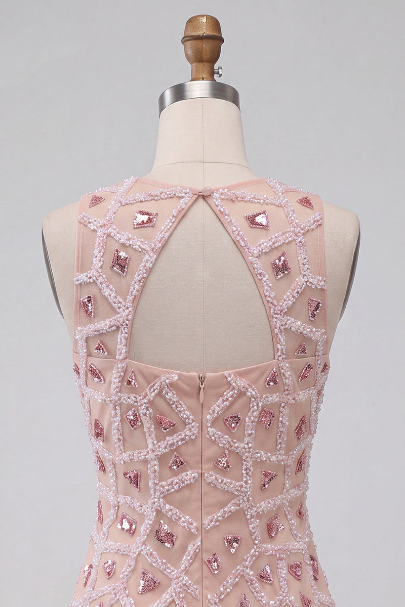 Laden Sie das Bild in den Galerie-Viewer, Blush Bodycon Rundhals Kurzes Abendkleid mit Perlen
