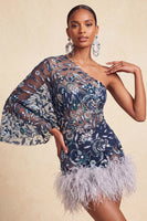 Laden Sie das Bild in den Galerie-Viewer, Marineblaues Einschulterfarbenes Bodycon mit Pailletten Kurzes Abendkleid mit Federn