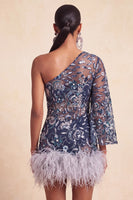 Laden Sie das Bild in den Galerie-Viewer, Marineblaues Einschulterfarbenes Bodycon mit Pailletten Kurzes Abendkleid mit Federn