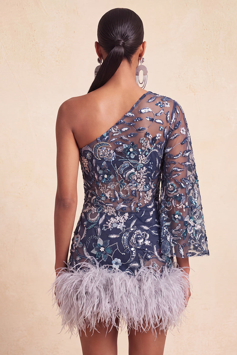 Laden Sie das Bild in den Galerie-Viewer, Marineblaues Einschulterfarbenes Bodycon mit Pailletten Kurzes Abendkleid mit Federn