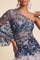 Laden Sie das Bild in den Galerie-Viewer, Marineblaues Einschulterfarbenes Bodycon mit Pailletten Kurzes Abendkleid mit Federn