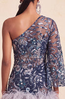 Laden Sie das Bild in den Galerie-Viewer, Marineblaues Einschulterfarbenes Bodycon mit Pailletten Kurzes Abendkleid mit Federn