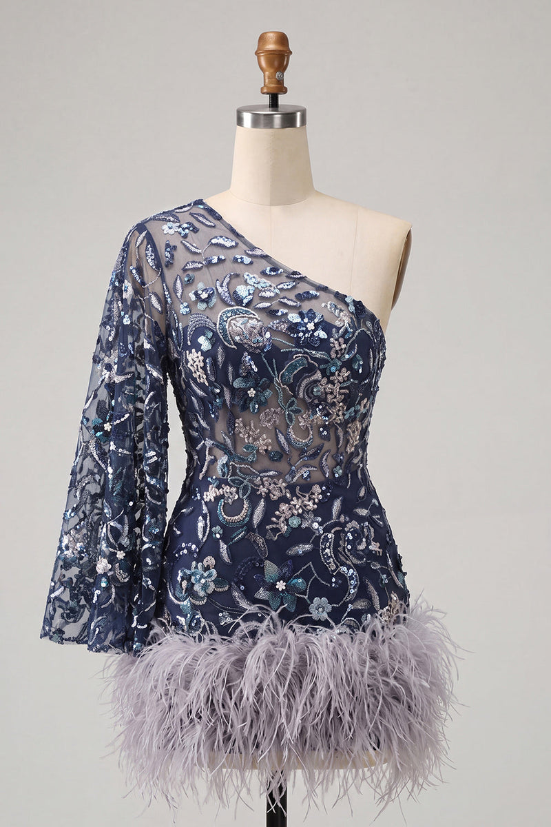 Laden Sie das Bild in den Galerie-Viewer, Marineblaues Einschulterfarbenes Bodycon mit Pailletten Kurzes Abendkleid mit Federn