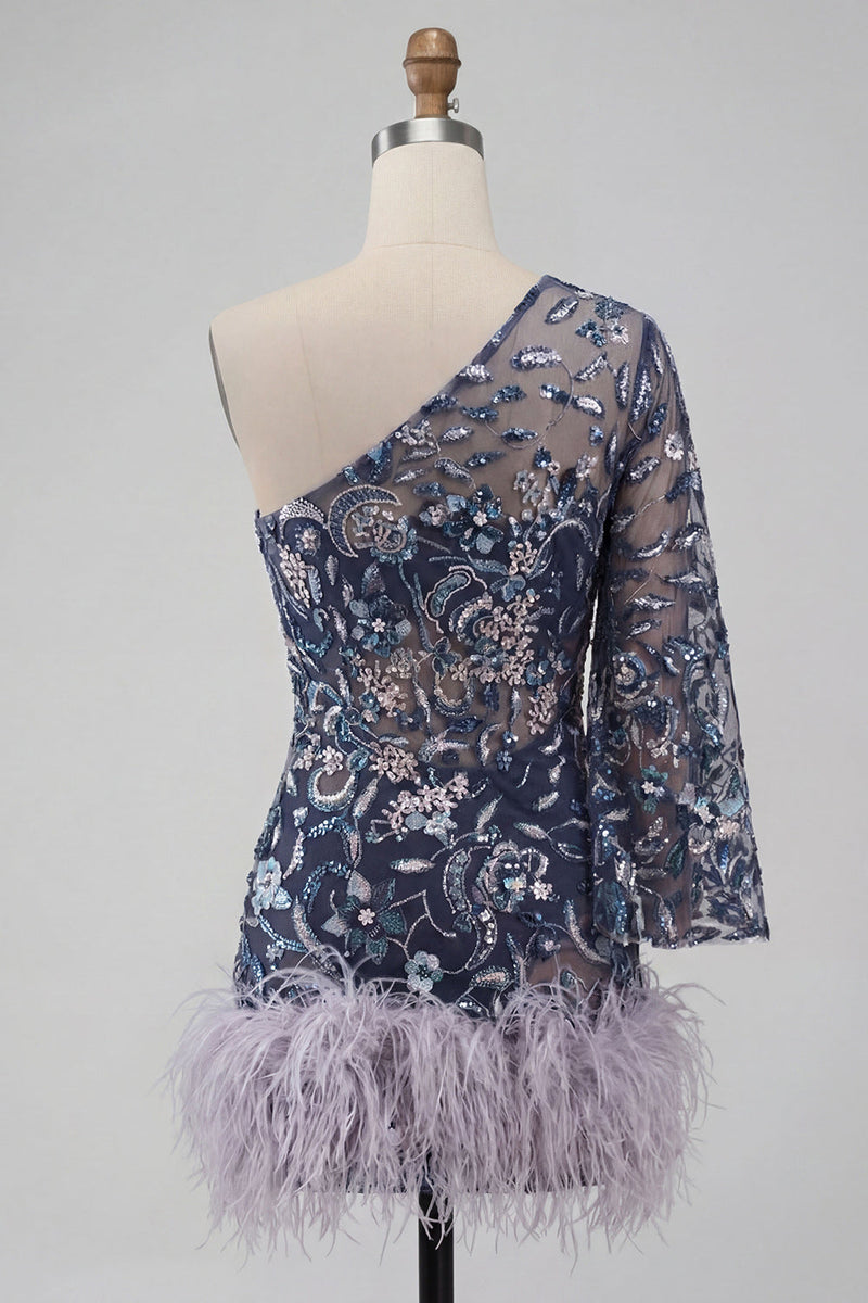 Laden Sie das Bild in den Galerie-Viewer, Marineblaues Einschulterfarbenes Bodycon mit Pailletten Kurzes Abendkleid mit Federn