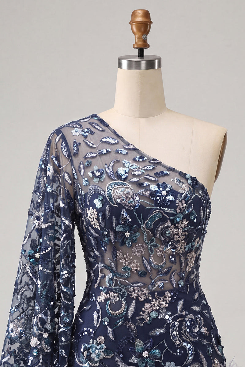 Laden Sie das Bild in den Galerie-Viewer, Marineblaues Einschulterfarbenes Bodycon mit Pailletten Kurzes Abendkleid mit Federn