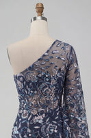 Laden Sie das Bild in den Galerie-Viewer, Marineblaues Einschulterfarbenes Bodycon mit Pailletten Kurzes Abendkleid mit Federn