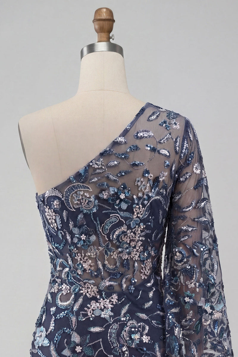 Laden Sie das Bild in den Galerie-Viewer, Marineblaues Einschulterfarbenes Bodycon mit Pailletten Kurzes Abendkleid mit Federn