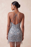 Laden Sie das Bild in den Galerie-Viewer, Halterhals Grauer Bodycon Kurzes Perlen Kurzes Abendkleid mit Fransen