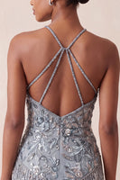 Laden Sie das Bild in den Galerie-Viewer, Halterhals Grauer Bodycon Kurzes Perlen Kurzes Abendkleid mit Fransen
