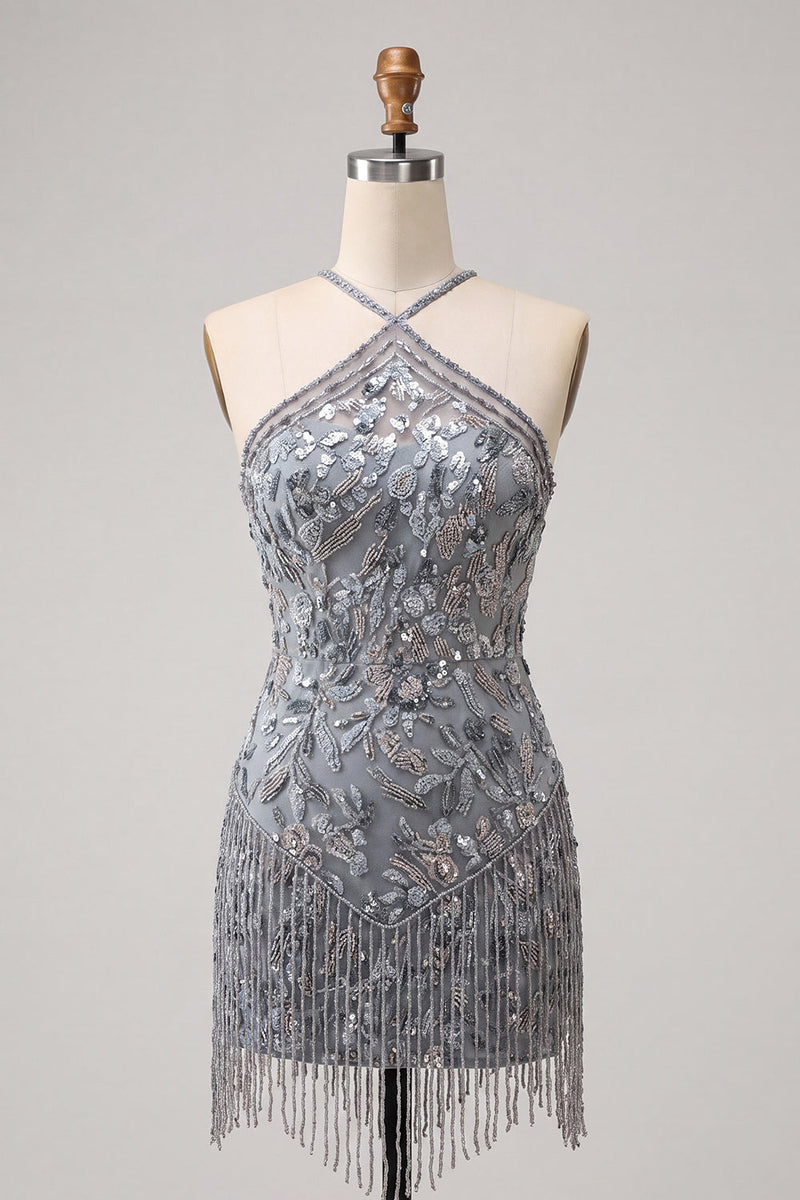 Laden Sie das Bild in den Galerie-Viewer, Halterhals Grauer Bodycon Kurzes Perlen Kurzes Abendkleid mit Fransen